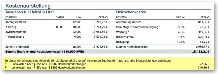 Beispielhafte Darstellung für haushaltsnahe Dienstleistungen in der Kostenaufstellung für das gesamte Gebäude.