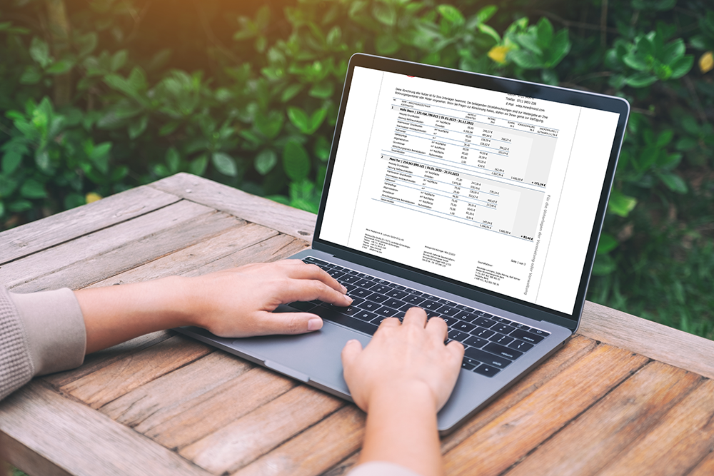 Ansicht einer Heizkostenabrechnung von Minol. Die Abrechnung wird auf einem Laptop abgerufen.