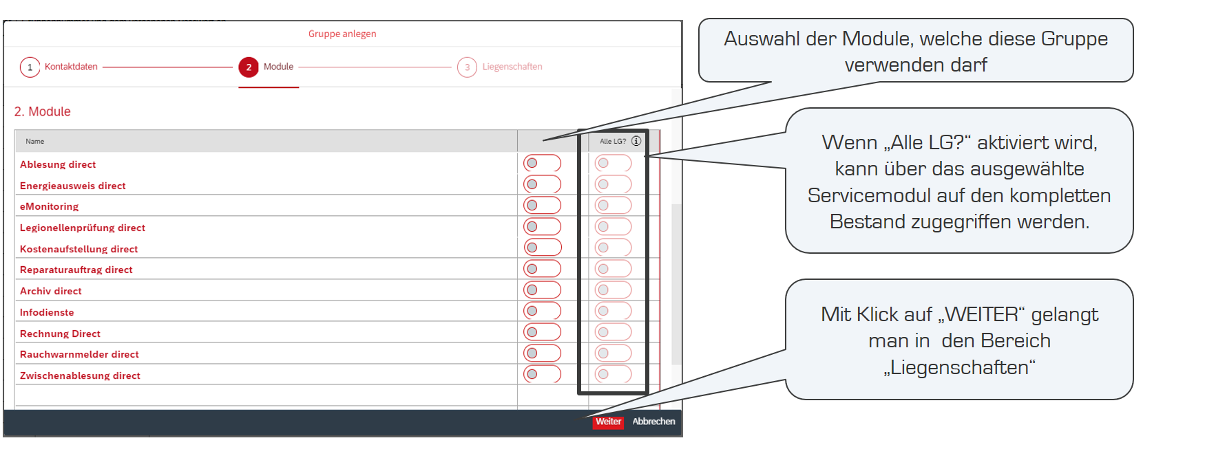 Liegenschaften und Module zuordnen