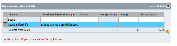Muster für den Abzug der Soforthilfe in der nächsten Kostenaufstellung für die Heizkostenabrechnung