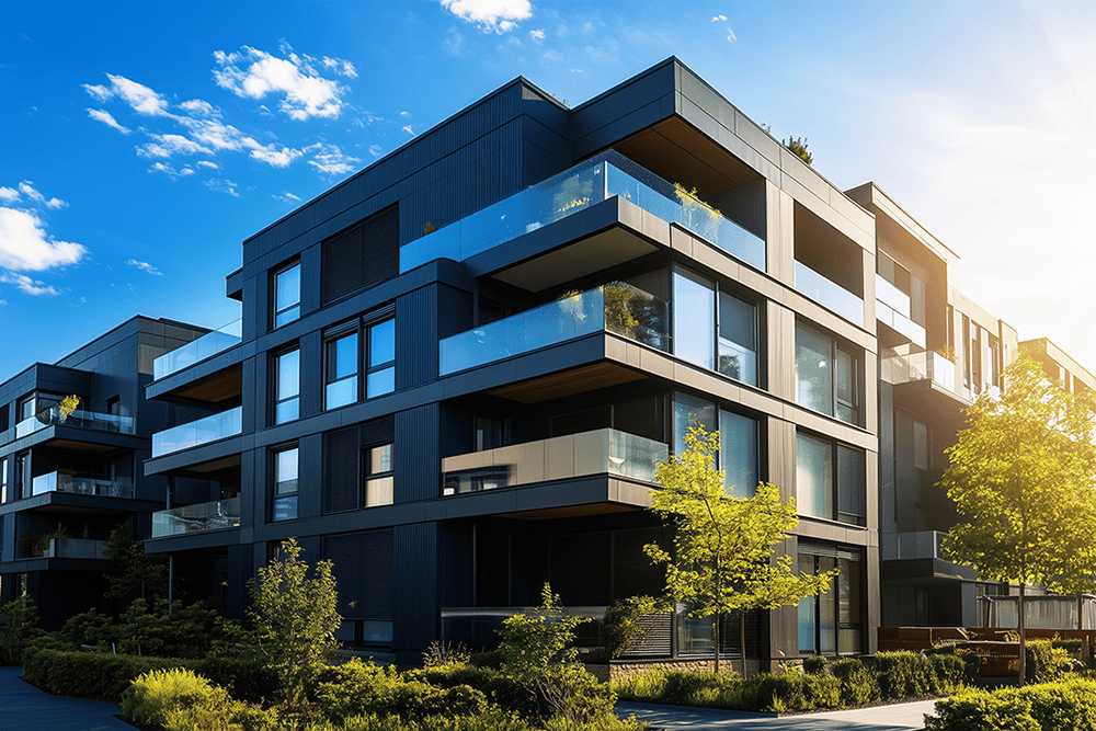 Gebäude mit Grünanlage