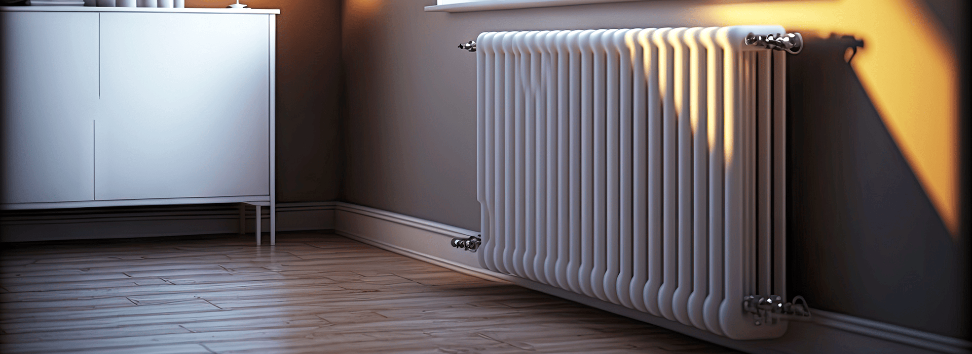 Raum in einem warmen Licht, zu sehen ist ein Heizkörper unter einem Fenster