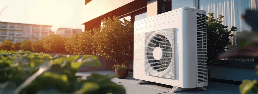 Wärmepumpe auf einer Terrasse eines Hauses, Sonnenuntergang