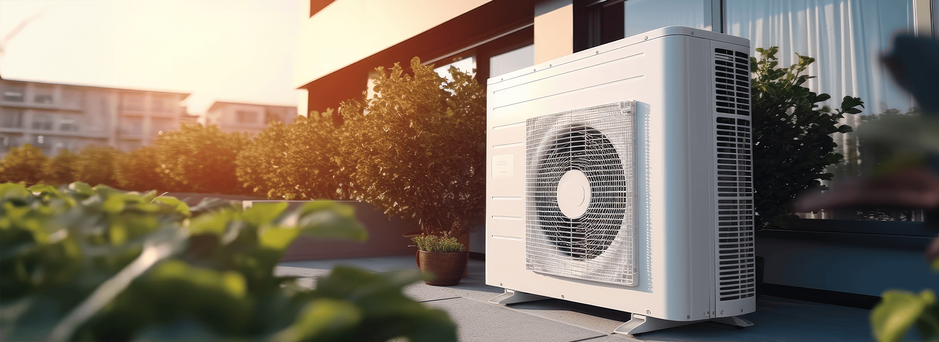 Wärmepumpe auf einer Terrasse eines Hauses, Sonnenuntergang