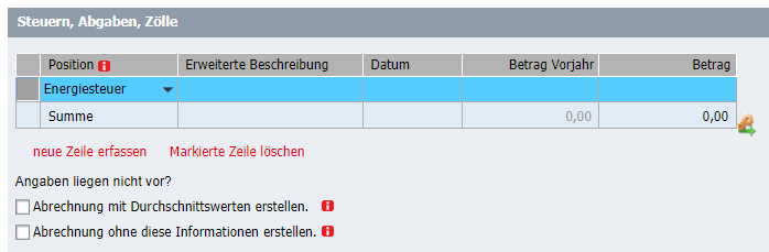 Erfassung von Steuern, Abgaben und Zöllen in der Kostenerfassung zur Heizkostenabrechnung.