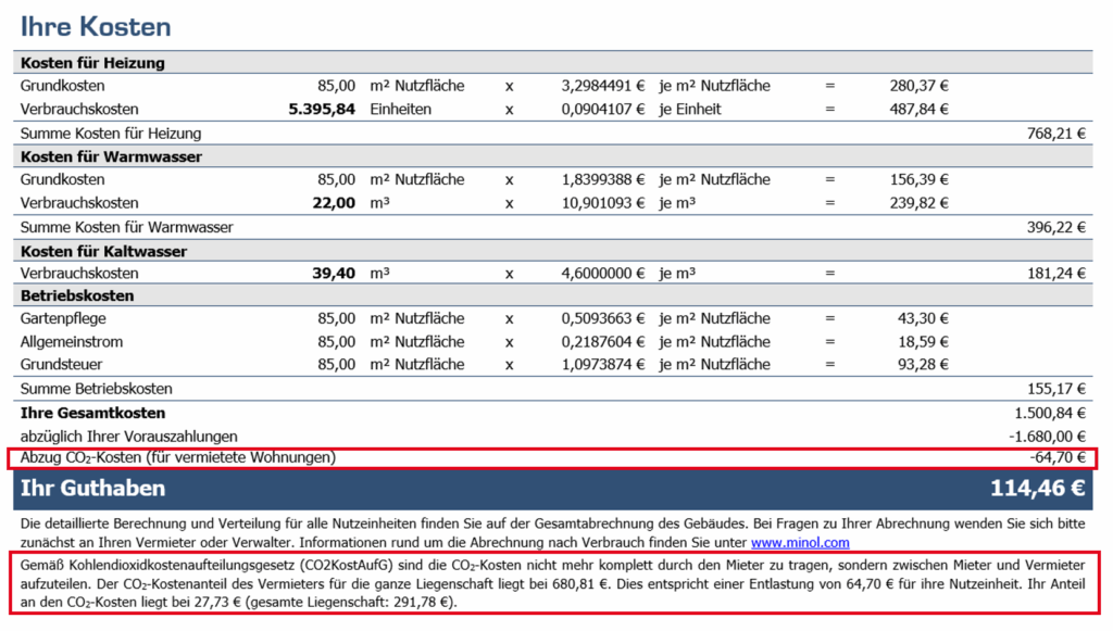 Minol informiert: Kohlendioxidkostenaufteilungsgesetz (CO2KostAufG) - Muster für den rechnerischen Abzug des Vermieteranteils mit Ausweis der CO₂-Kostenanteile auf der Heizkostenabrechnung einer vermieteten Eigentumswohnung.
