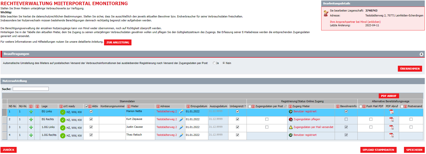 Auf diesem zentralen Bildschirm in den Minol Onlineservices stellen Verwalter und Vermieter alle Details für ihre Nutzer zu unterjährigen Verbrauchsinformationen ein.