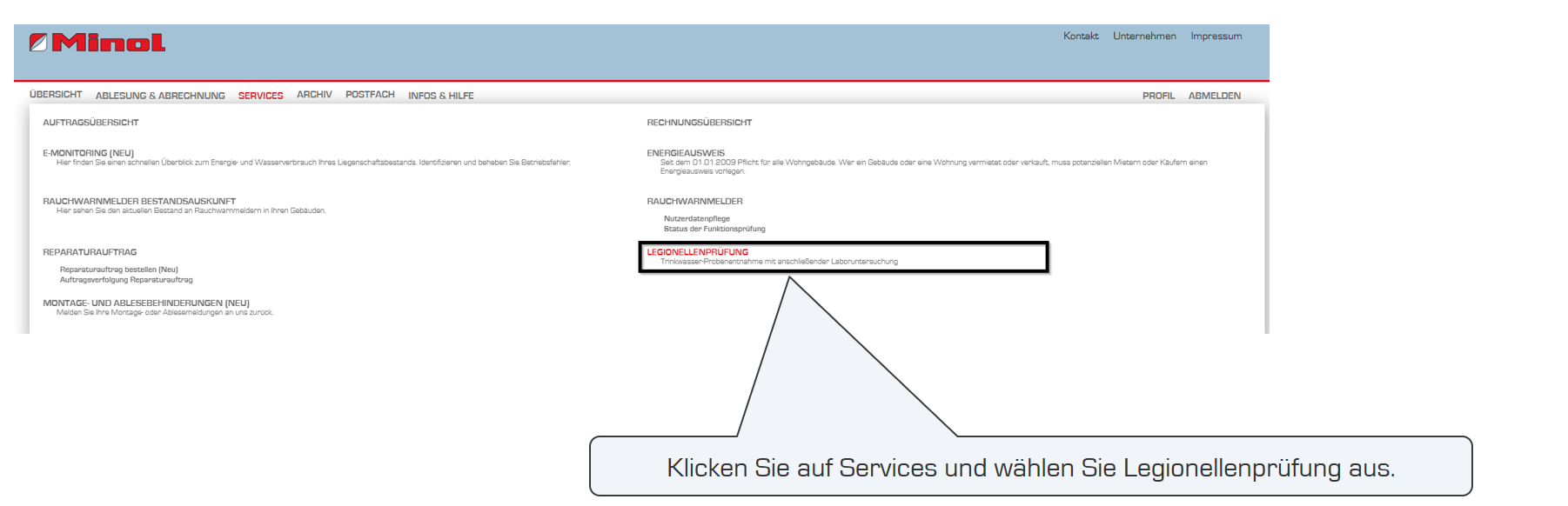 Klicken Sie auf Services und wählen Sie Legionellenprüfung aus.