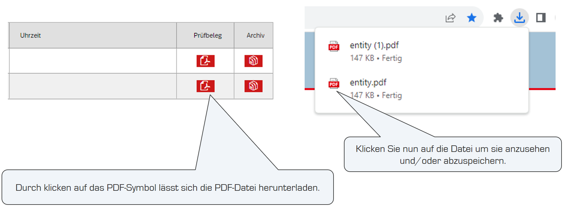 Durch Klicken auf das PDF Symbol lässt sich die Datei herunterladen