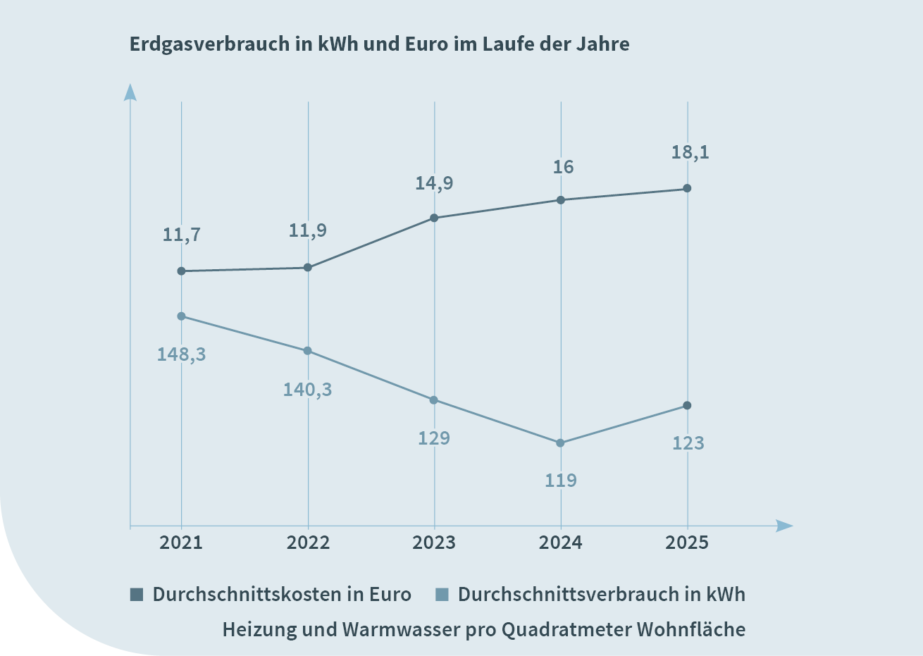 Durchschnittlicher Verbrauch und Kosten bei Erdgas als Heizmedium in den vergangenen fünf Jahren. Quelle: Minol