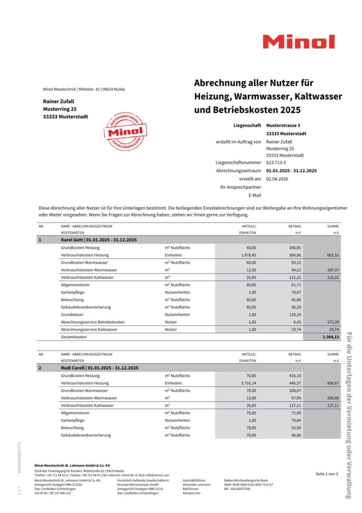 Musterabrechnung Heizkostenabrechnung Minol: Abrechnung aller Nutzer