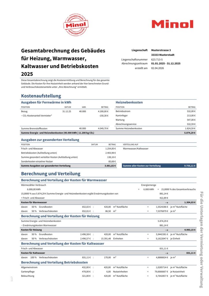 Musterabrechnung Heizkostenabrechnung Betriebskosten Minol: Gesamtabrechnung