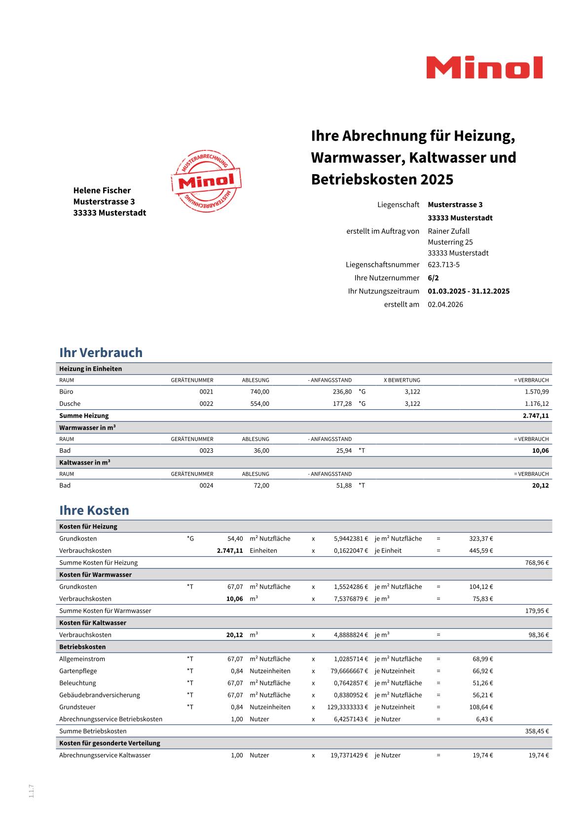 Musterabrechnung Heizkostenabrechnung Minol: Nutzerabrechnung